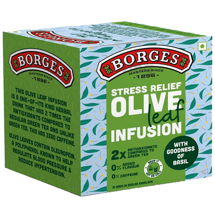 Borges Stress Relief Olive Leaf Infusion Tea Bag (1.5gm Each) with Goodness of Basil