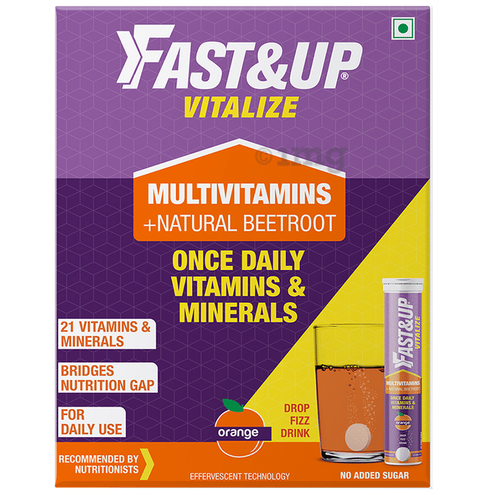 Fast&Up Vitalize Multivitamins + Natural Beetroot for Nutrition | No Added Sugar | Flavour Orange Effervescent Tablet