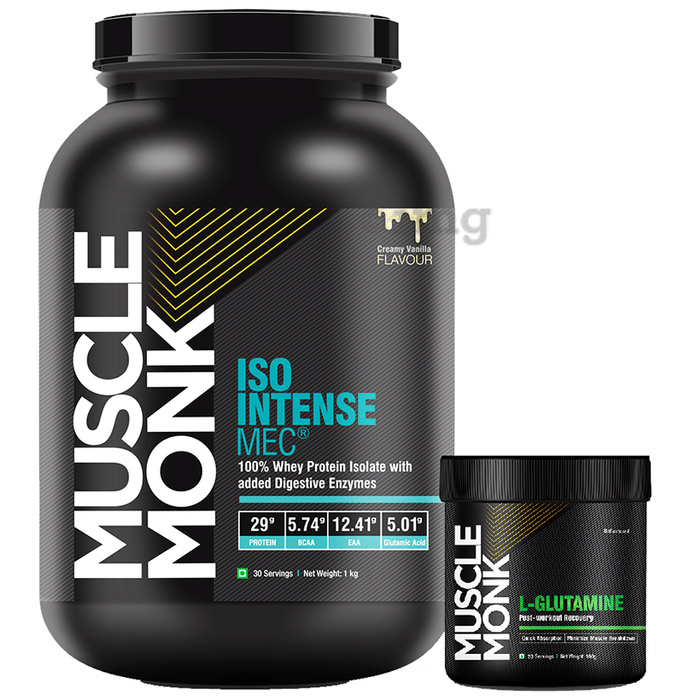 Muscle Monk Combo Pack of Iso Intense MEC 100% Whey Protein 1kg & L-Glutamine 100gm Creamy Vanilla & Unflavoured