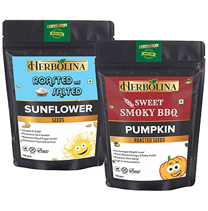 Herbolina Sunflower Seeds & Pumpkin Roasted Seeds  (150gm Each) Roasted & Salted, Sweet Smoky BBQ