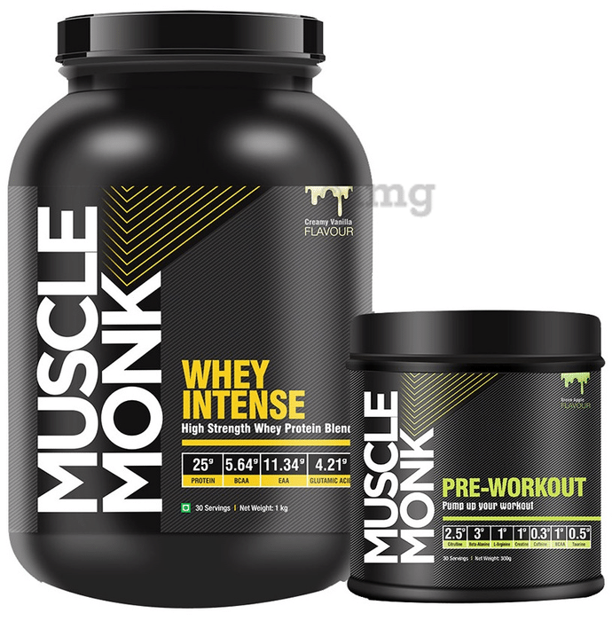 Muscle Monk Combo Pack of Whey Intense High Strength Whey Protein Blend Creamy Vanilla 1kg & Pre-Workout Green Apple 300gm