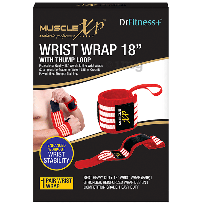 MuscleXP DrFitness+ Wrist Wrap 18 with Thumb Loop Red and White