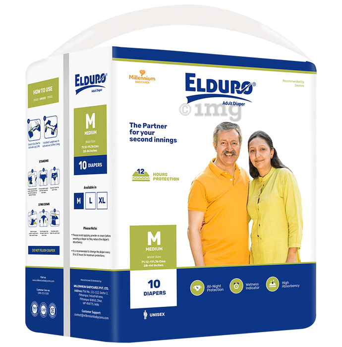 Elduro Unisex Adult Diaper, Wetness Indicator, All Night Protection, High Absorbency (10 Each) Medium