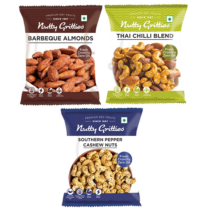 Nutty Gritties Combo Pack of Thai Chilli Blend 54gm, Barbeque Almonds 48gm & Pepper Cashew Nuts 48gm