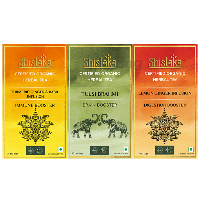 Shistaka Combo Pack of Certified Organic Herbal Tea (1.8gm Each) Turmeric Ginger & Basil Infusion,Tulsi Brahmi & Lemon Ginger Infusion