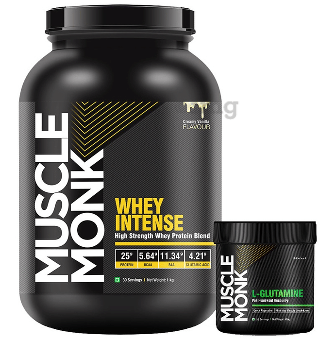 Muscle Monk Combo Pack of Whey Intense High Strength Whey Protein Blend Creamy Vanilla 1kg & L-Glutamine Unflavoured 100gm