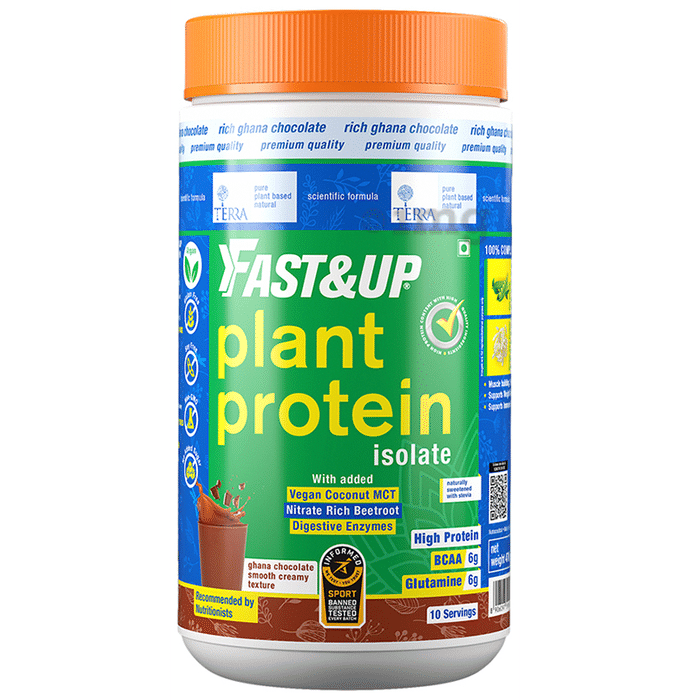 Fast&Up Ghana Chocolate Plant Protein Isolate with Digestive Enzymes, 6g BCAA & 6g Glutamine | No Added Sugar | Flavour