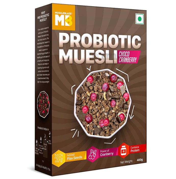 MuscleBlaze Probiotic Muesli with Added Flaxseed, Cranberry & Protein | Flavour Choco Cranberry