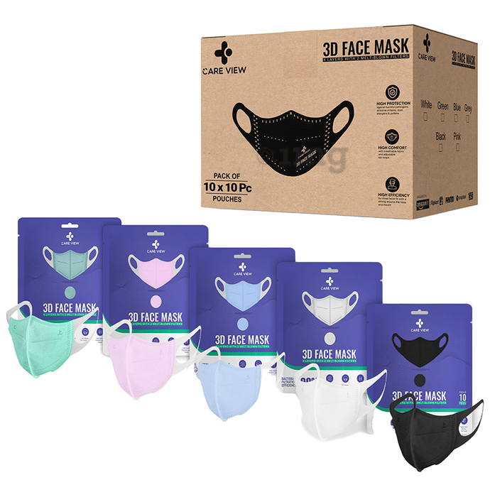 Care View 3 Dimensional Disposable Face Mask with 4 Layered Filtration and Soft Non-Woven Spandex Ear Loops Multicolor Pouch