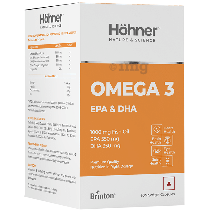 Hohner Omega 3 with EPA & DHA Fish Oil 1000 mg | Softgel Capsule for Brain, Heart, Eye & Joint Health