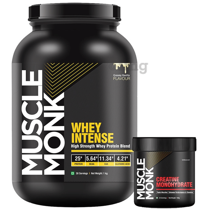 Muscle Monk Combo Pack of Whey Intense High Strength Whey Protein Blend Creamy Vanilla 1kg & Creatine Monohydrate Unflavoured 100gm