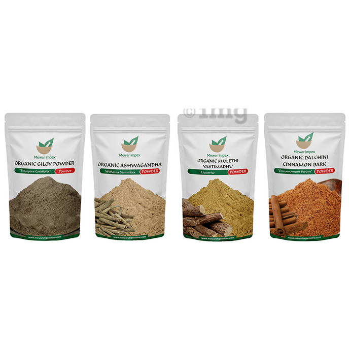 Mewar Impex Combo Pack of Organic Giloy Powder, Organic Mulethi Yastimadhu Powder, Organic Ashwagandha Powder & Organic Dalchini Cinnamon Bark Powder (100gm Each)