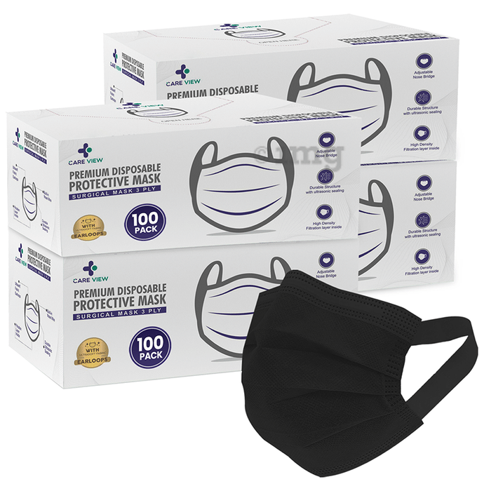 Care View 3 Ply Premium Disposable Protective Surgical Face Mask with Ear Loops Black