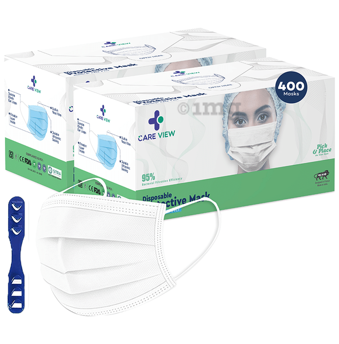 Care View CV2992 Sitra Approved 3 Ply Colored Disposable Surgical Mask with Built in Metal Nose Pin and 1 Melt Blown Layer (50 Each) White