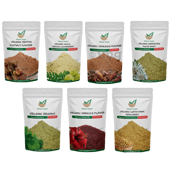 Mewar Impex Combo of 7 Shikakai, Amla, Reetha, Bhringraj, Brahmi, Hibiscus & Methi Dana Powder (100gm Each)