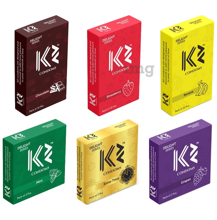 K2 Combo Pack of Dotted Condom Chocolate,Strawberry,Banana(10Pc Each) Mint,Extra Time,Grapes(3pc Each)
