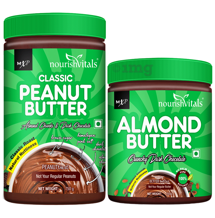 NourishVitals Combo Pack of Classic Peanut Butter Almond Chunks & Dark Chocolate 750gm & Almond Butter Crunchy Dark Chocolate 200gm