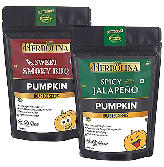 Herbolina Pumpkin Roasted Seeds (150gm Each) Sweet Smoky BBQ & Spicy Jalapeno