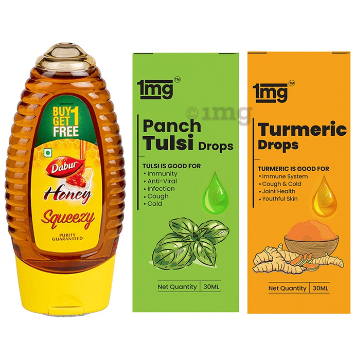 Warm Milk Mix Recipe of 1mg Turmeric Drops with Piperine 30ml, 1mg Panch Tulsi Drops 30ml and Dabur Honey Squeezy Buy 1 Get 1 Free 225gm