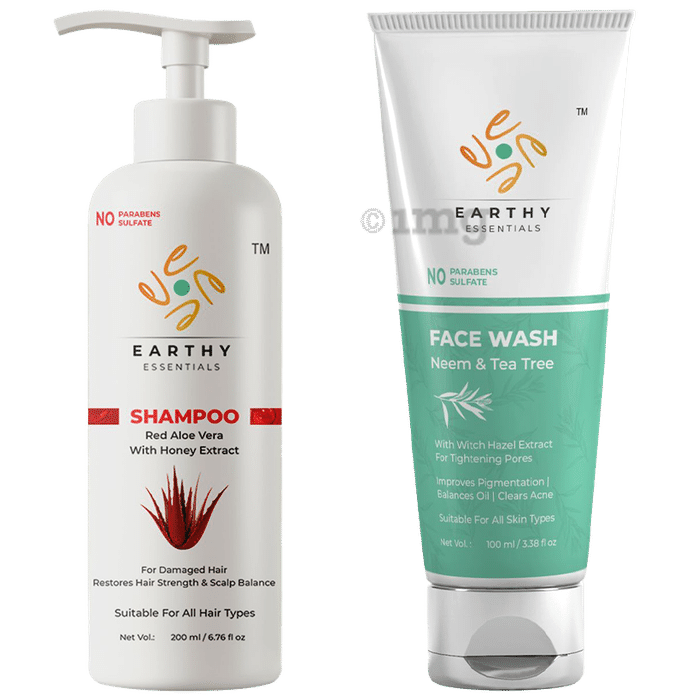 Earthy Essentials Combo Pack of Combo Pack of Red Aloe Vera with Honey Extract Shampoo 200ml and Neem & Tea Tree Face Wash 100ml