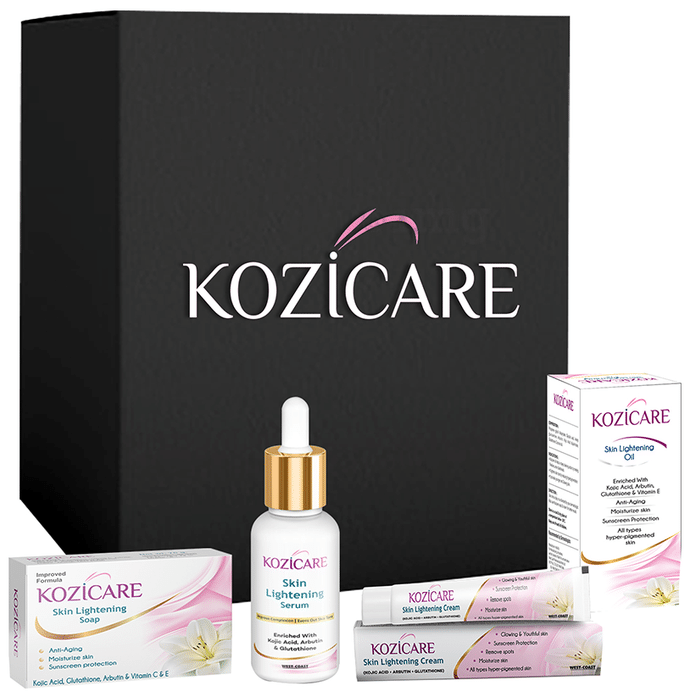 Kozicare Kojic Acid Skin Lightening/Brightening Combo Pack of Soap 75gm, Serum 30ml, Cream 15gm & Oil 60ml
