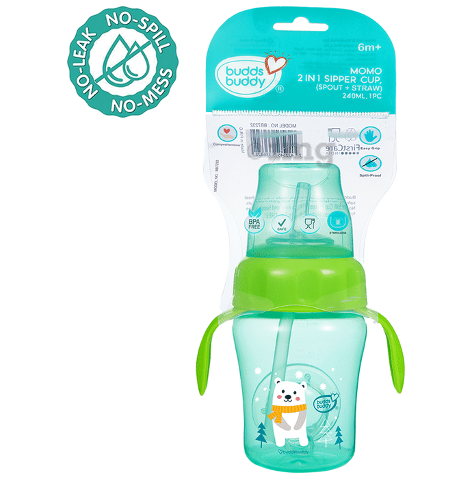 Buddsbuddy BPA Free Anti Spill Design Momo 2 in 1 Baby Sipper (Spout + Straw) Cup Green