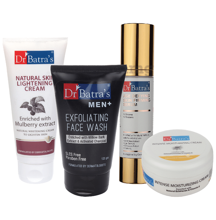 Dr Batra's Combo Pack of Men+ Exfoliating Face Wash 125gm, Natural Skin Lightening Cream 100gm, Age Defying Skin Firming Serum 50gm and Intense Moisturizing Cream 100gm