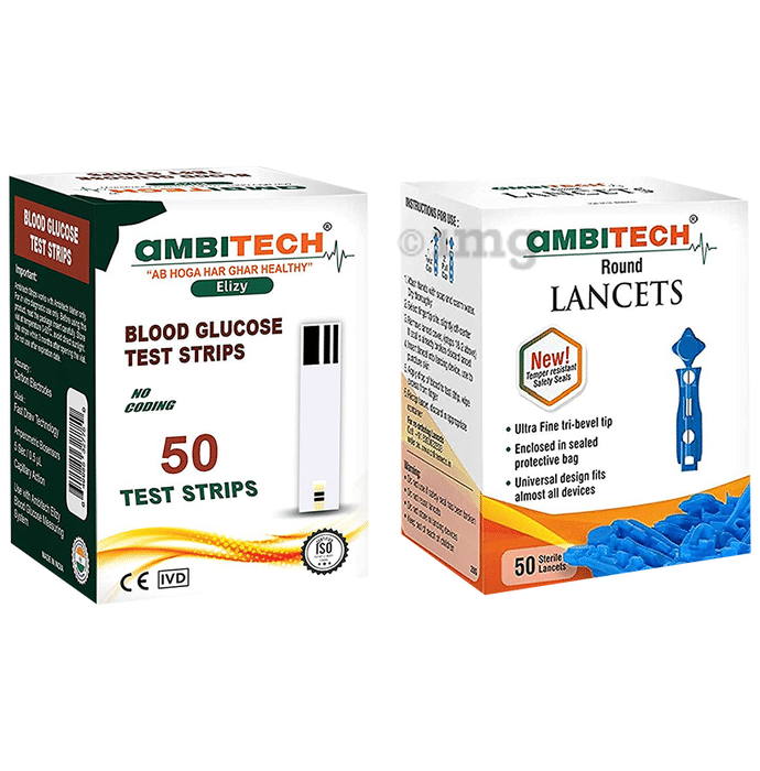 Ambitech Combo Pack of 50 Blood Glucose Test Strip & 50 Round Lancet