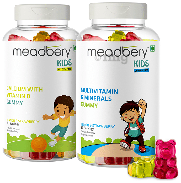 Meadbery Gluten Free Kids Combo Pack of Calcium with Vitamin D Gummy and Multivitamin & Minerals Gummy