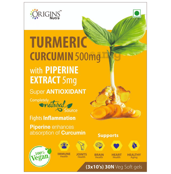 Origins Nutra Turmeric Curcumin 500mg with Piperine Extract 5mg Veg Soft Gel
