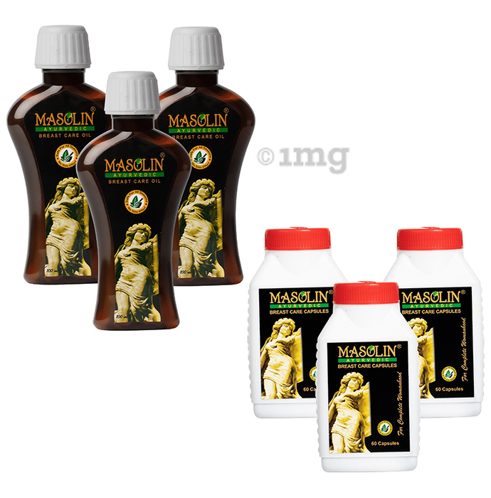 Masolin Ayurvedic Combo Pack of 3 Bottles of Breast Care Oil (100ml Each) and 3 Bottles of Breast Care Capsule (60 Each)