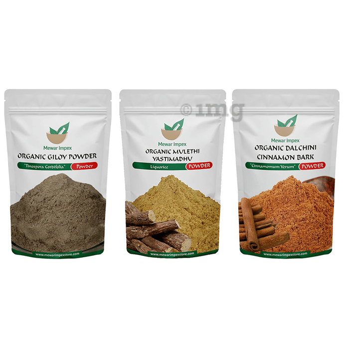 Mewar Impex Combo Pack of Organic Giloy Powder, Organic Mulethi Yastimadhu Powder & Organic Dalchini Cinnamon Bark Powder (100gm Each)