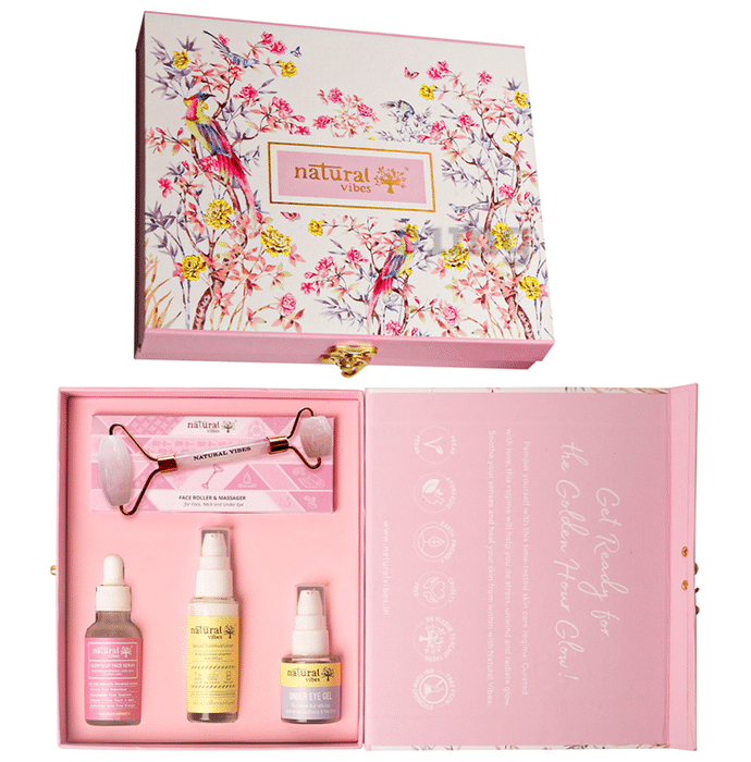 Natural Vibes Glow Getter Gift Set with Rose Quartz Face Roller, Sunscreen Lotion, Glow 'd Up Serum and Under Eye Gel Serum