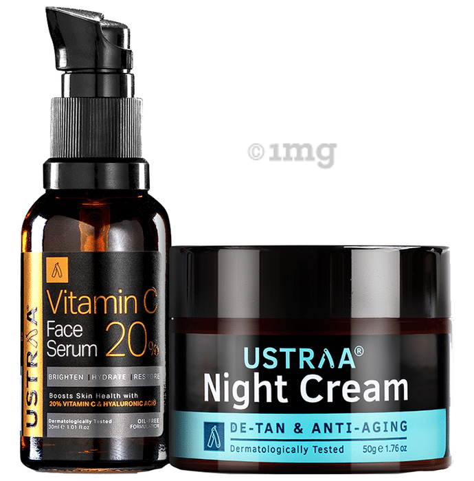 Ustraa Bright Skin Combo Pack of Vitamin C Face Serum 30ml and De-Tan & Anti-Aging Night Cream 50gm