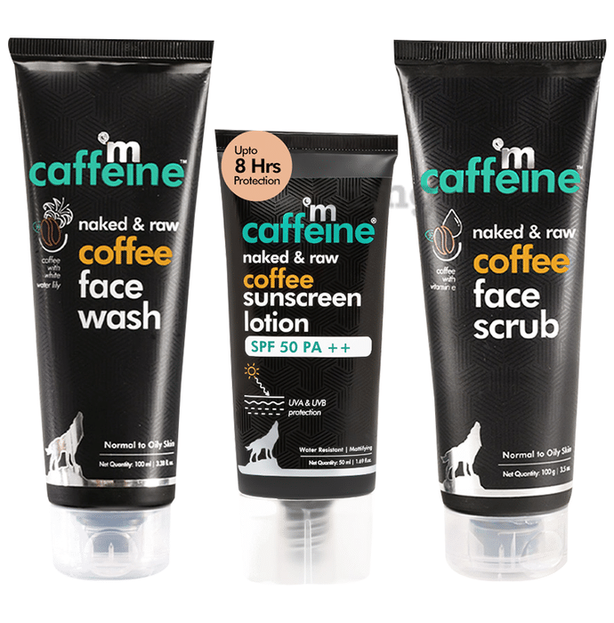 mCaffeine Pollution & Sun Protection Kit-Coffee Face Scrub, Face Wash & SPF 50 PA++ Sunscreen Lotion