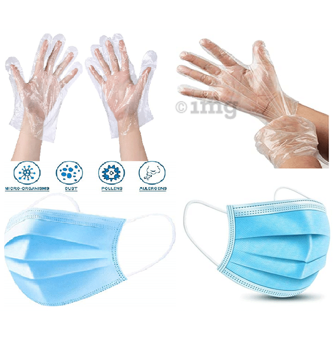 Fine Morning Pharma Isolation or Quarantine Protection Kit (20 Disposable Free Size Gloves & 20, 3 Ply Surgical Disposable Safe Mask)