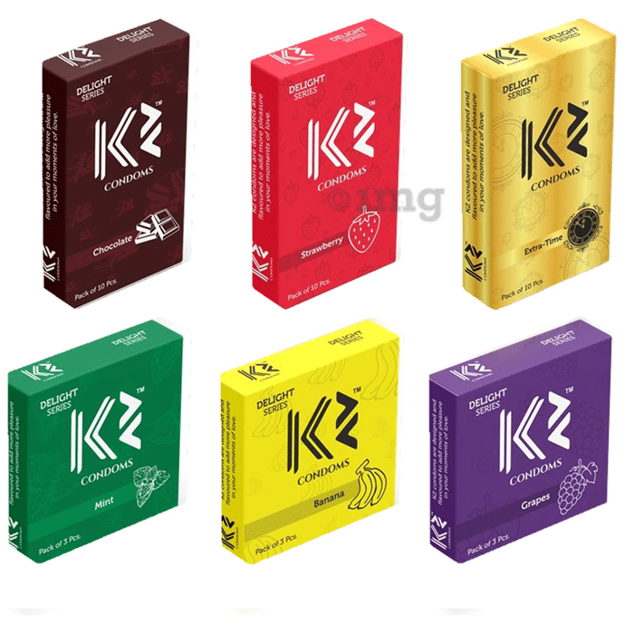 K2 Combo Pack of Dotted Condom Chocolate,Strawberry,Extra Time(10Pc Each) Mint,Banana,Grapes(3pc Each)