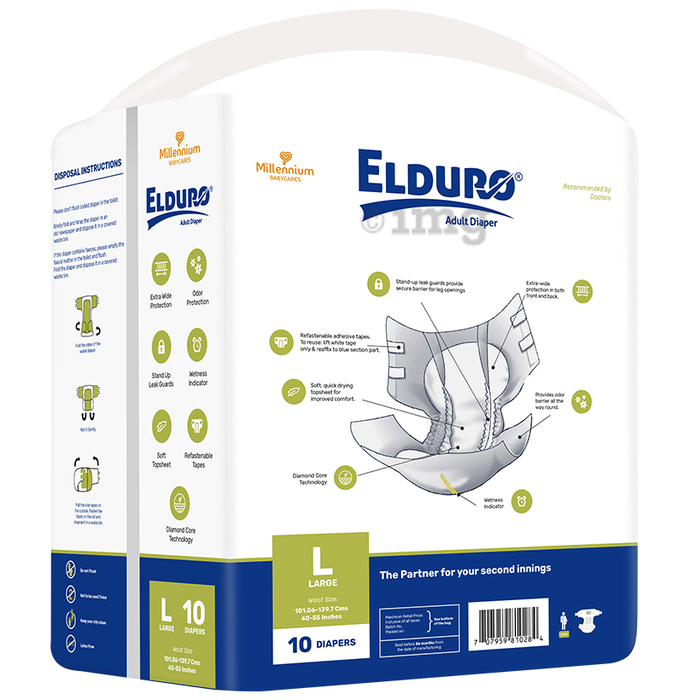 Elduro Unisex Adult Diaper, Wetness Indicator, All Night Protection, High Absorbency (10 Each) Large