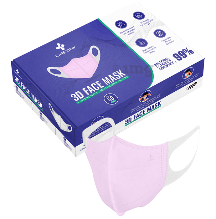 Care View 3 Dimensional Disposable Face Mask with 4 Layered Filtration and Soft Non-Woven Spandex Ear Loops Pink Box