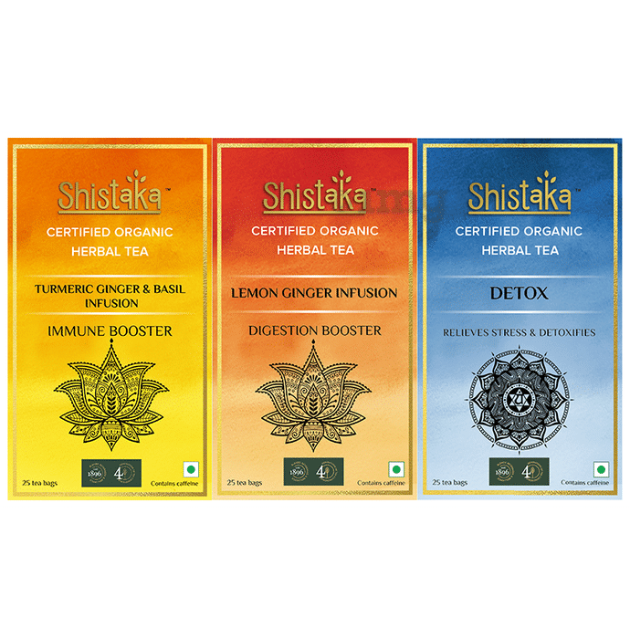 Shistaka Combo Pack of Certified Organic Herbal Tea (1.8gm Each) Turmeric Ginger & Basil Infusion,Lemon Ginger Infusion & Detox