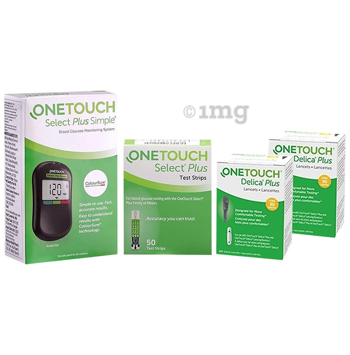 OneTouch Select Plus Simple Glucometer Value Pack (with 10 Test Strip Free) + 1 Pack of 50 Test Strip + 2 Pack of 25 Lancet