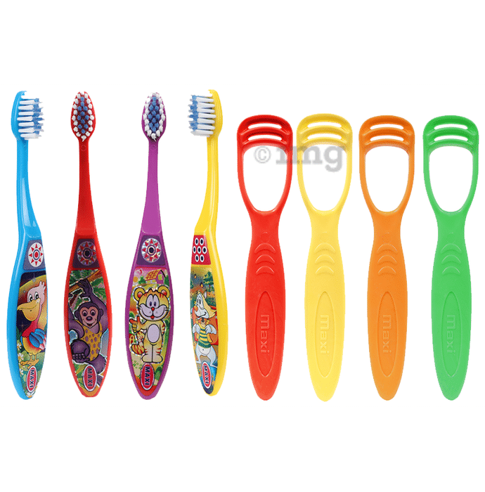 Maxi Oral Care Junior Pack of 4 Kids Toffee Junior Toothbrush & 4 Tongue Cleaner 1 Number
