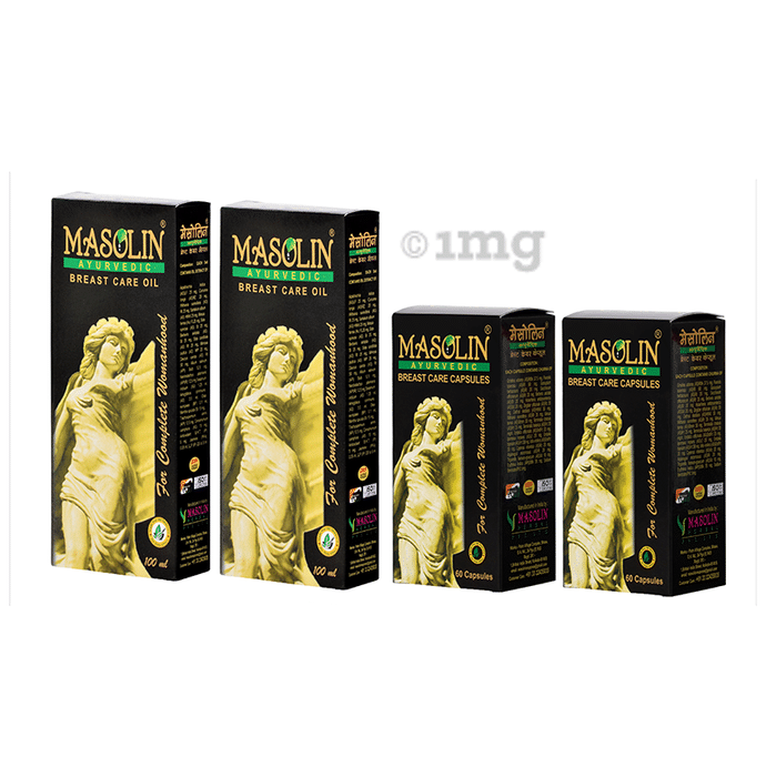 Masolin Combo Pack of 2 Bottle of Ayurvedic Breast Care Oil (100ml Each) & 2 Bottle of Herbal Multipurpose Breast Care Capsule (60 Each)