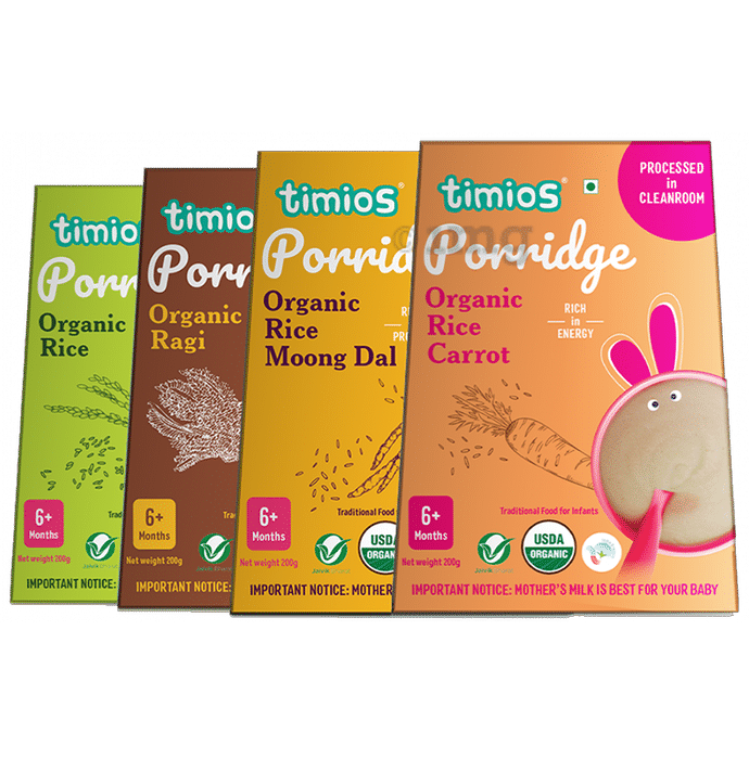 Timios Combo Pack of Porridge for 6+ Months (200gm Each) Organic Rice, Organic Ragi, Organic Rice Moong Daal & Organic Rice Carrot
