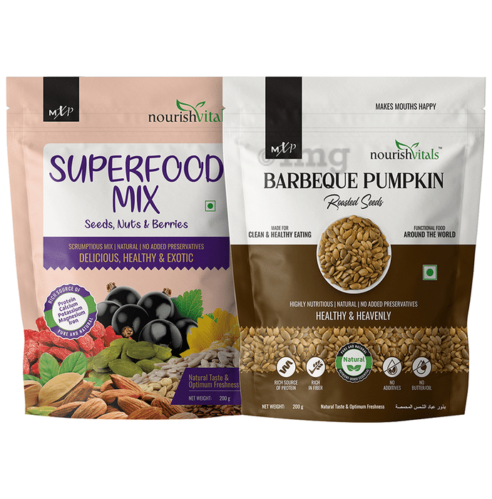 NourishVitals Combo Pack of Superfood Mix Seeds and Barbeque Pumpkin Roasted Seeds (200gm Each)