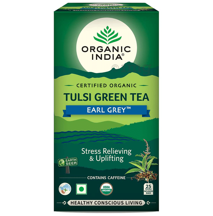 Organic India Tea for Immunity, Antioxidant Support & Stress Relief | Flavour Earl Grey Tulsi Green Tea