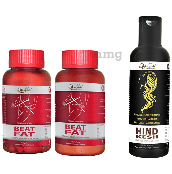 Hindrishi Ayurveda Combo Pack of Beat Fat 90 Capsule, Beat Fat Powder 100gm & Hind Kesh Hair Oil 100ml
