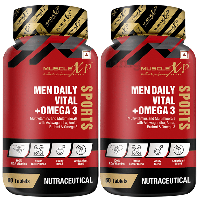 MuscleXP Men Daily Vital + Omega 3 Sprots Multivitamins and Multiminerals with Ashwagandha, Amla, Brahmi & Omega 3 Tablet (60 Each)