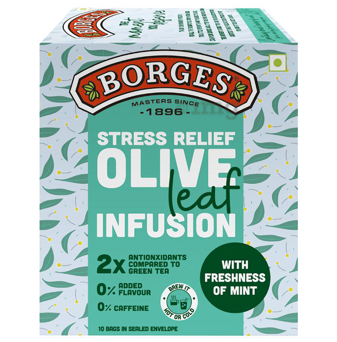 Borges Stress Relief Olive Leaf Infusion Tea Bag (1.5gm Each) with Freshness of Mint
