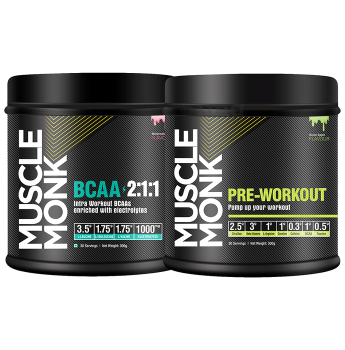 Muscle Monk Combo Pack of BCAA 2:1:1 Watermelon & Pre-Workout Green Apple (300gm Each)